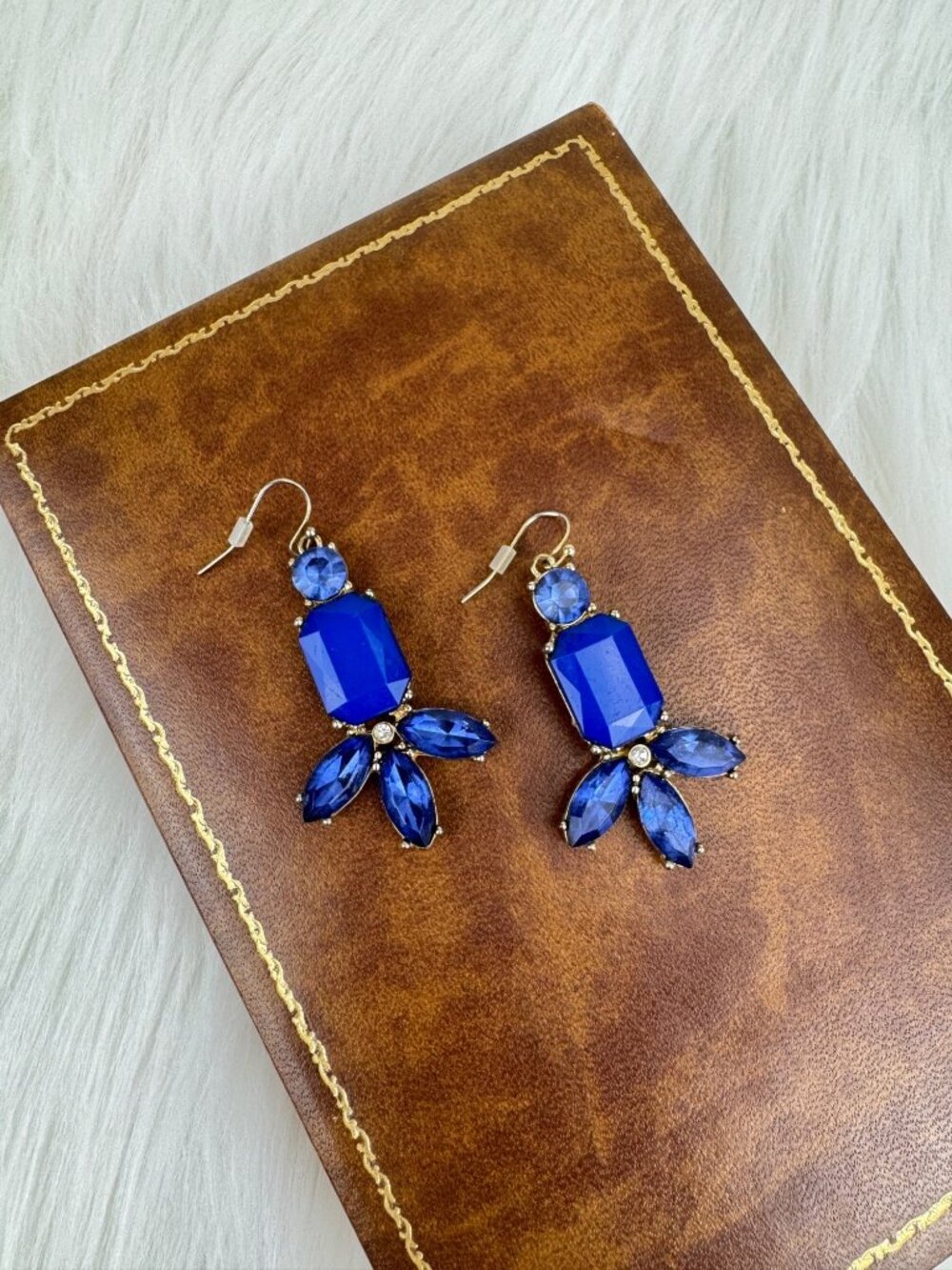 Blue Gemstone Blossom Gold Tone Drop Earrings